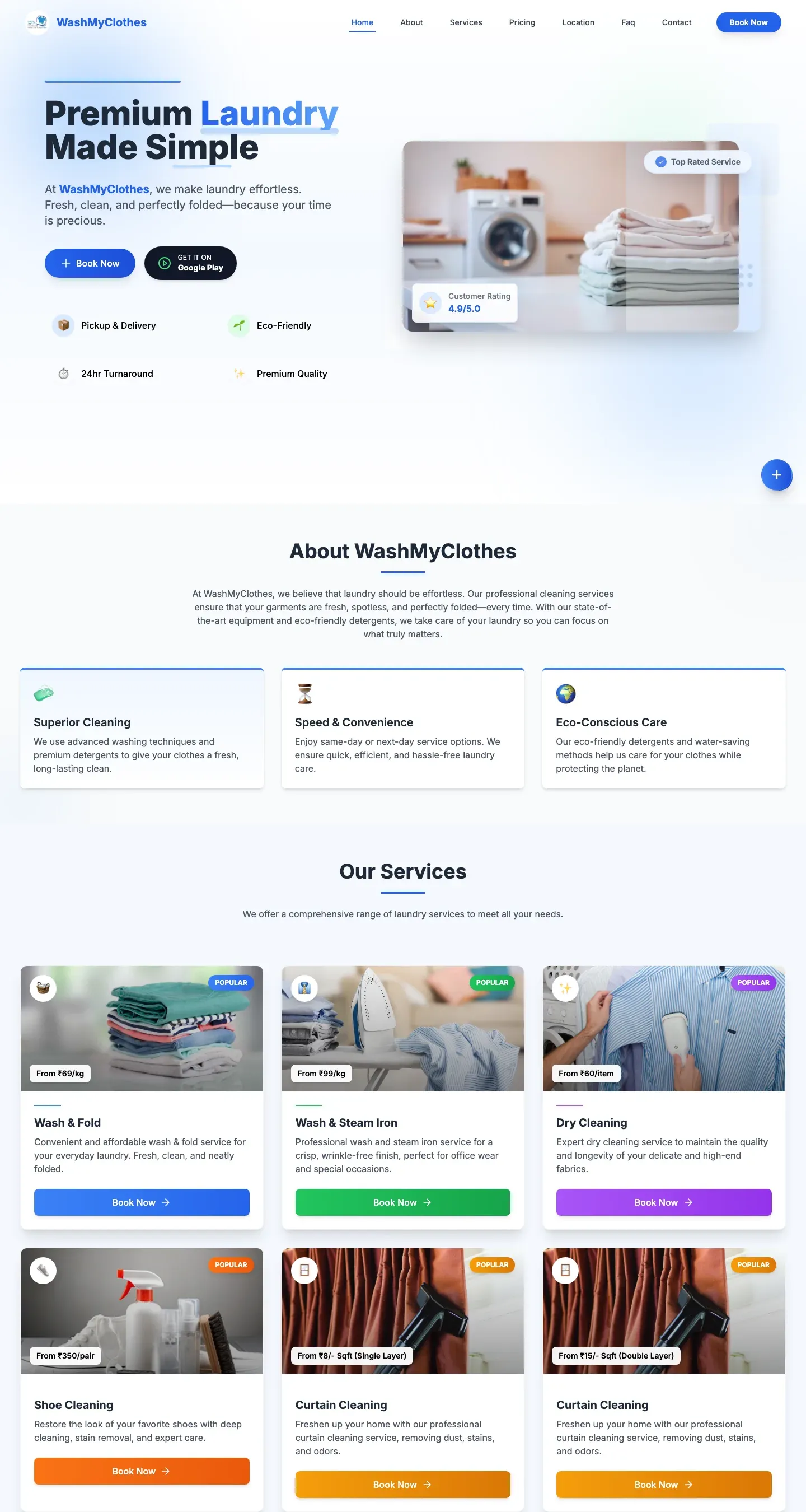 The WashMyClothes website on a desktop screen
